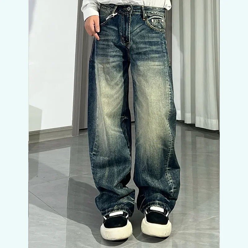 Calças Jeans Americanas Retro de Corte Larguinho para Homens e Mulheres, Estilo High Street, Jeans com Corte Faca, Moda de Rua
