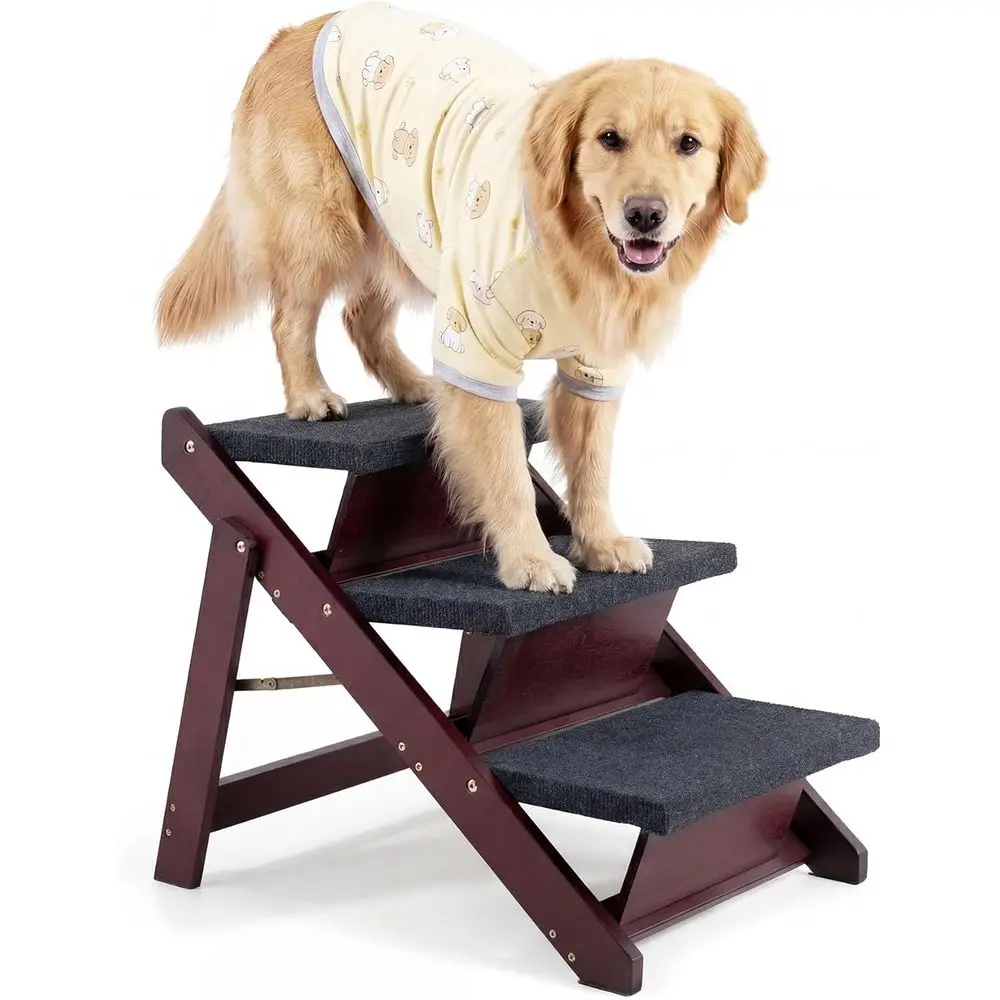 Adjustable 3-in-1 Pet Stairs for Beds, Cars & More - Portable Ladder for Dogs and Cats Up to 220 lbs (Brown)