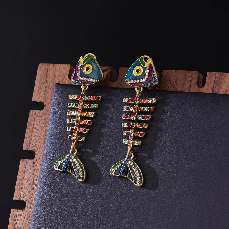 Vintage Fishbone Enamel Crystal Drop Earrings for Women Colorful Painted Dangle Earrings Retro Ocean Style Jewelry