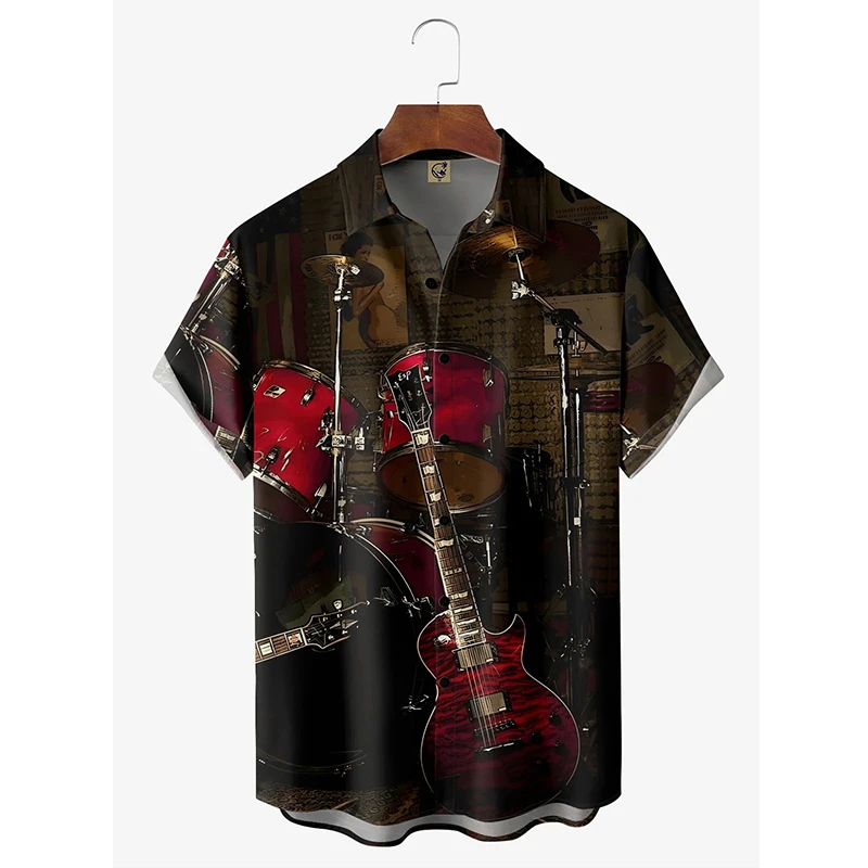 Hawaii Beach Shirt Men's Quick Dry Summer Short Sleeve Guitar Print Harajuku Casual Blouse Street Korean Clothing 2024 Camisa