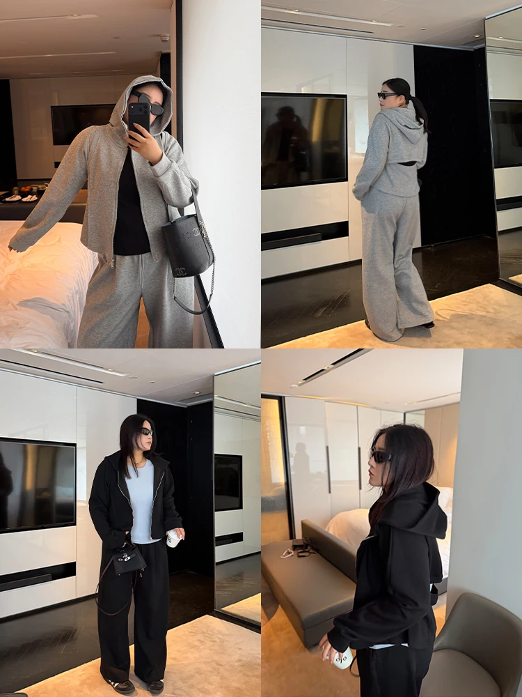 

Spring Collection plus Size Women's Fashion Set with Hat Wide Leg Pants Cardigan Style High Waist Long Zipper Closure