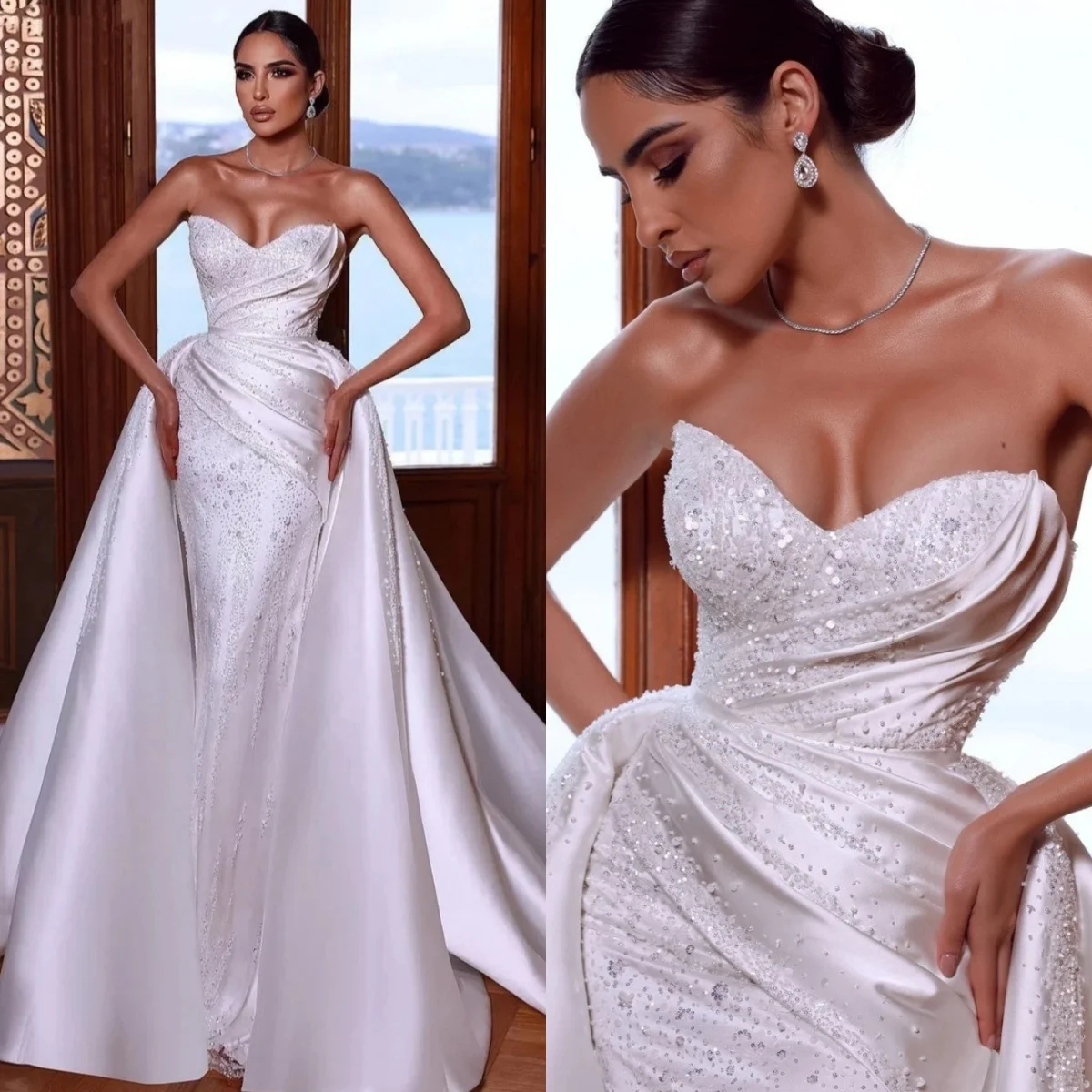 

Классическое свадебное платье без бретелек, верхняя юбка, свадебные платья русалки, блестки и жемчуг, платья невесты без рукавов на заказ