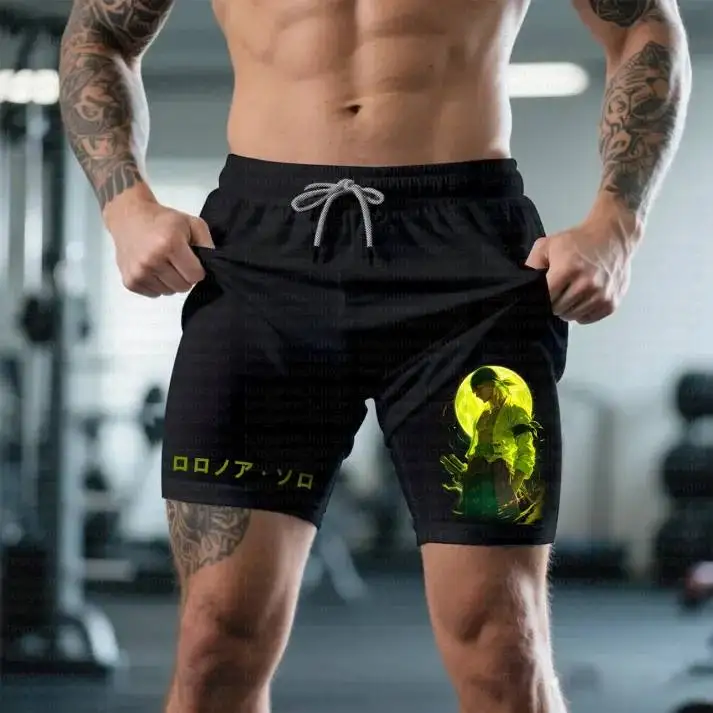 

Цельная коллекция, черные двухслойные спортивные шорты для мужчин, тренировочные шорты с принтом персонажей аниме, быстросохнущий материал, свободная посадка