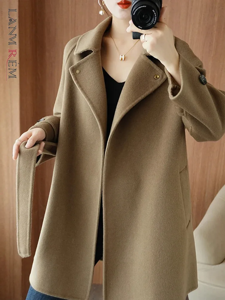 

LANMREM Fashion Wool Coat For Women Notched Solid Color Pockets Design Lace-up Gathered Waist Mid Length Coats 2024 New 2Z1893