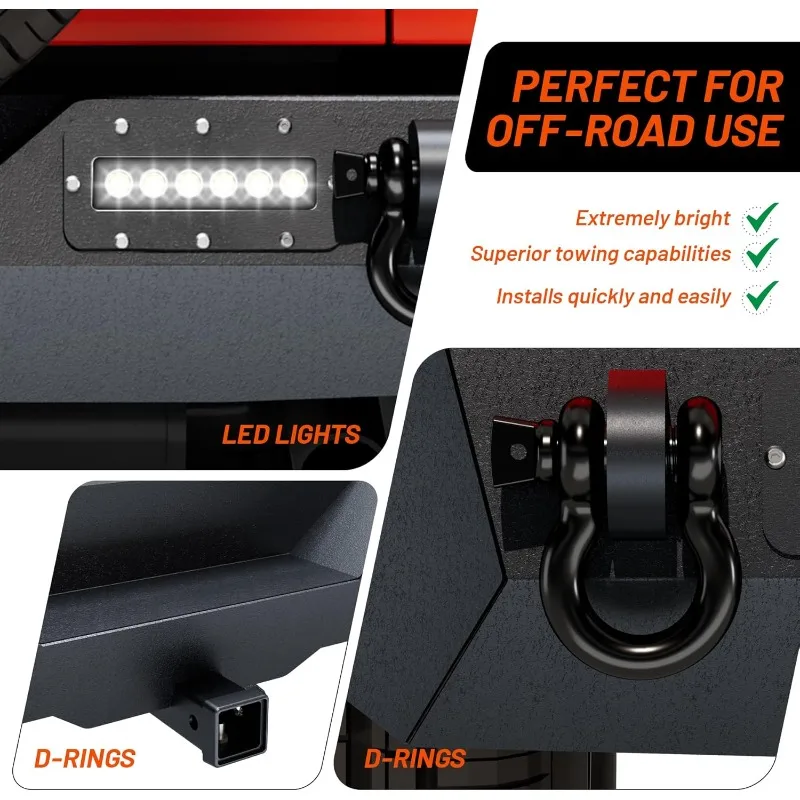 Tylny zderzak kompatybilny z Wrangler JL i Unlimited JLU, Rock Crawler Off Road Pełnowymiarowy zderzak z 2 światłami LED i 2 pierścieniami D
