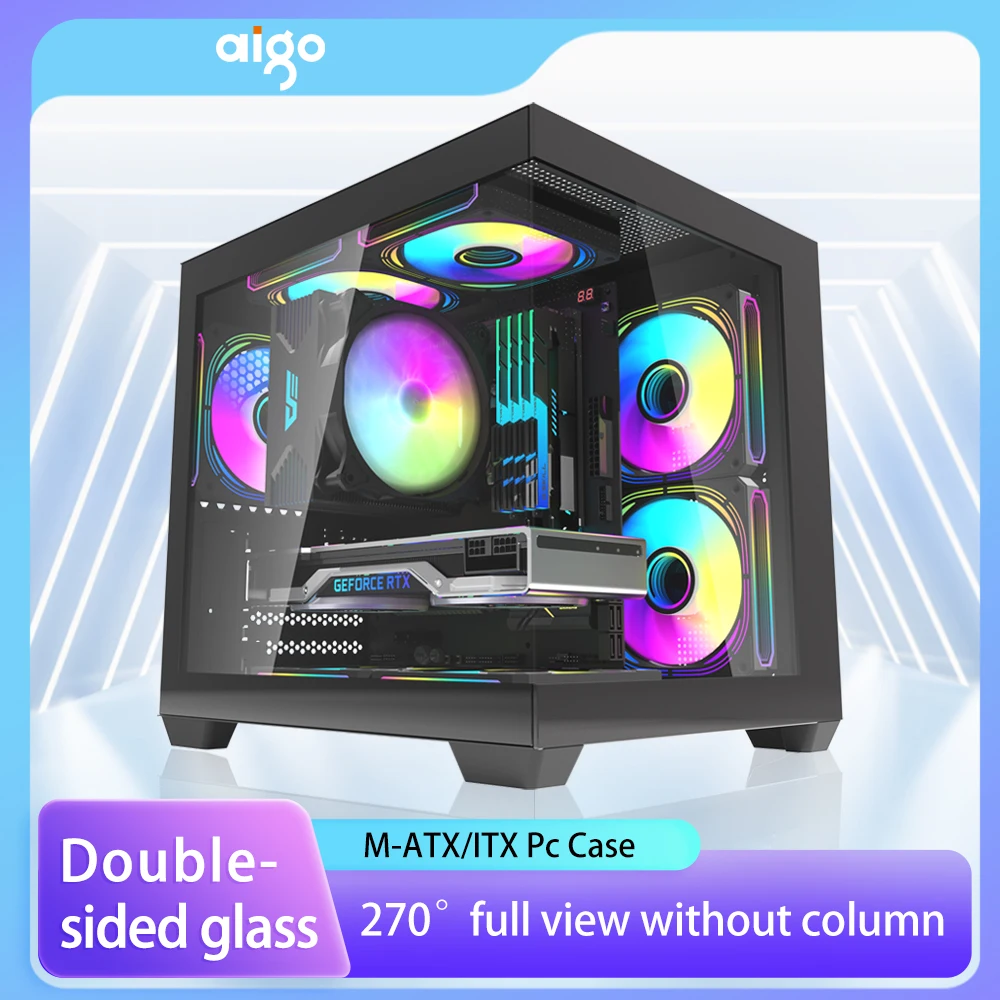 Aigo 275P PC Case Sea View Room Gaming Computer Desktop M-ATX ITX Motherboard  Double-Sided Tempered Glass PC Gamer Cabinet