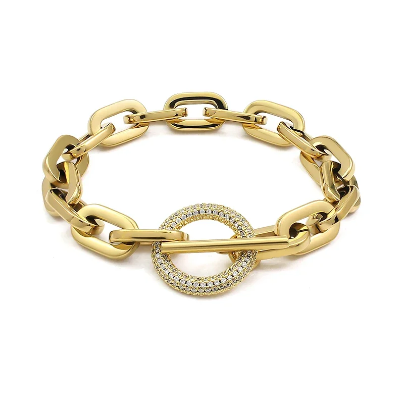 Classic Thick Cuban Link Chain Bracelets Female Gold Color Stainless Steel CZ Crystal Stones Link Hand Chains for Women