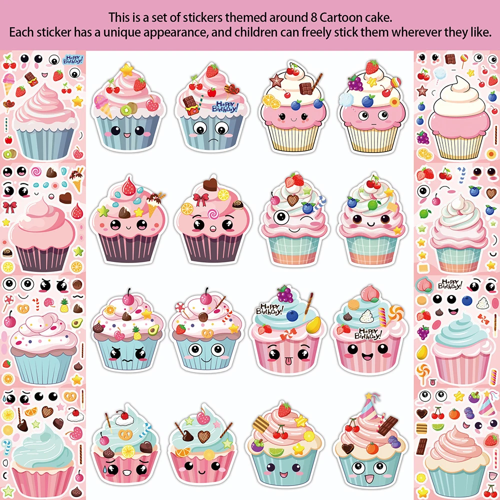 8/16 feuilles crème glacée Cupcake faire un visage Puzzle autocollants enfants bricolage décalcomanies drôle dessin animé assembler Puzzle enfants jouets décoration