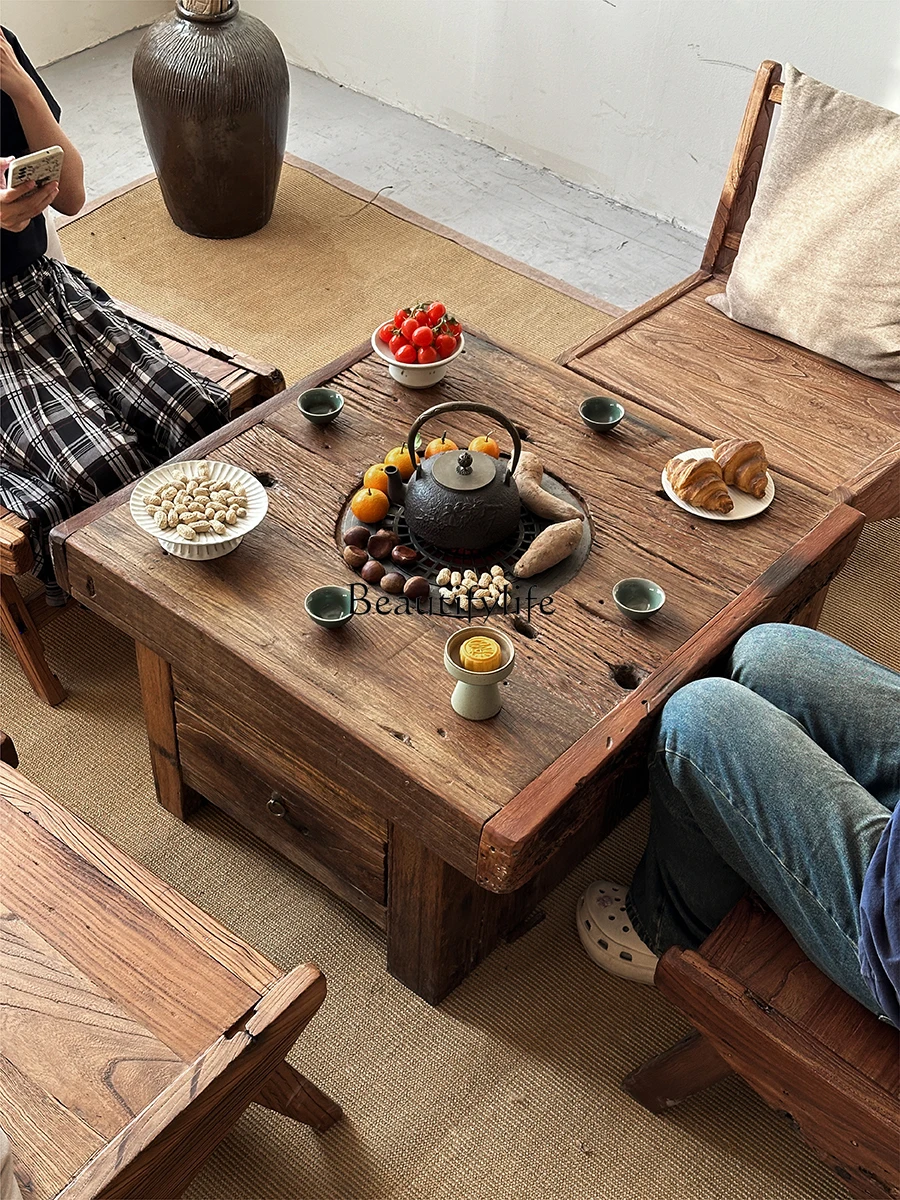 01Furnace brewed tea Solid wood tea table  wind old elm thick courtyard sub hot pot barbecue original ecological retro outdoor