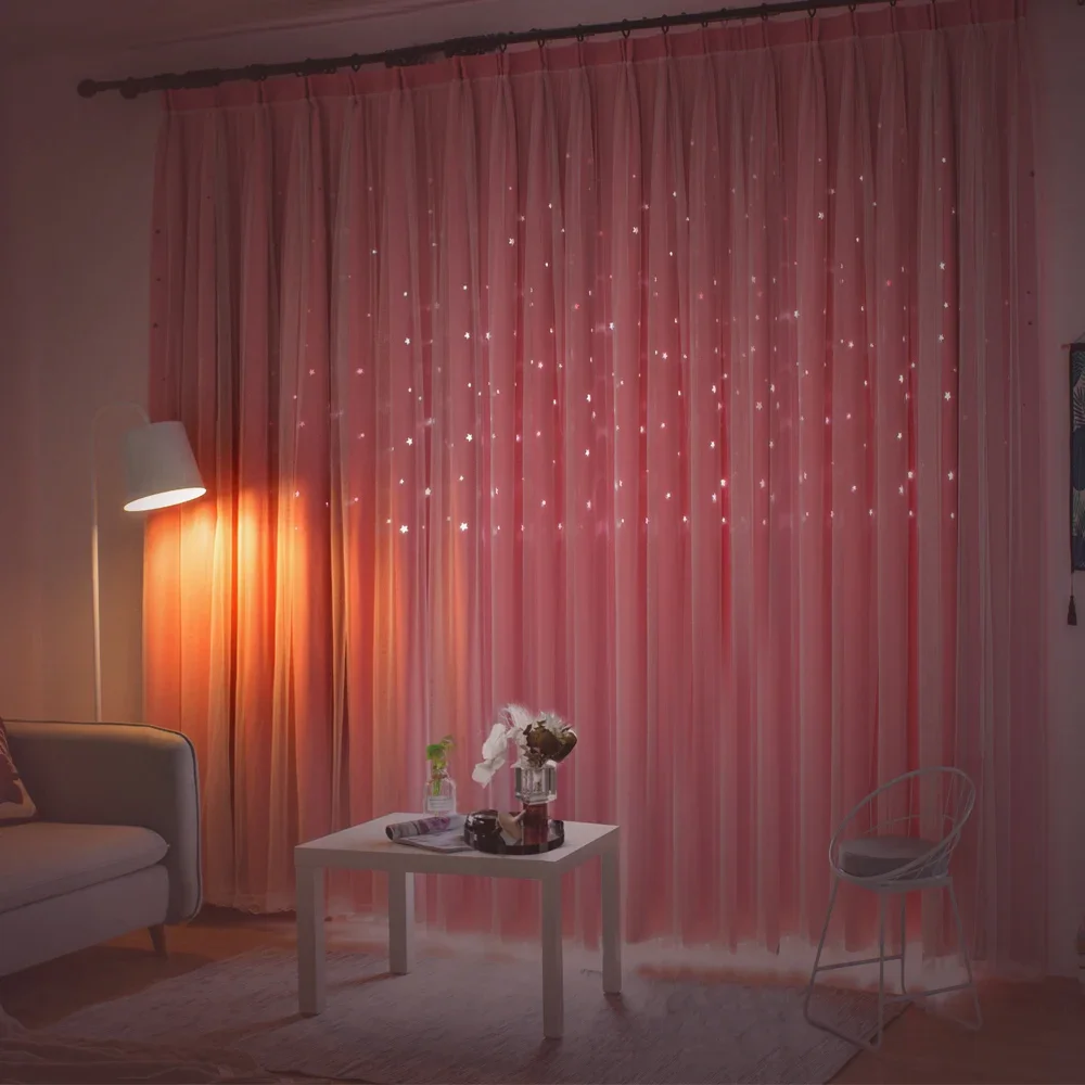 Customize Double Layers Romantic Sheer Kids Children Girls Curtains With Hollow Out Stars For Living Room Bedroom Windows Drapes