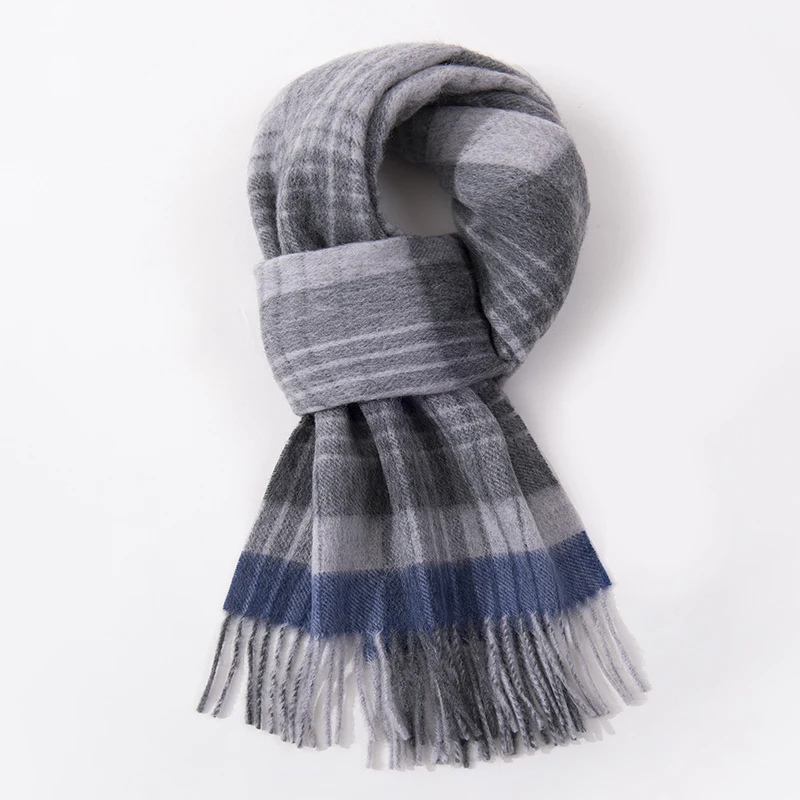 100% Wool Long Scarf Men Winter Warm Neck Scarves Classic Business Plaid Blue Scarf Shawls Luxury Striped  Foulard Hommes