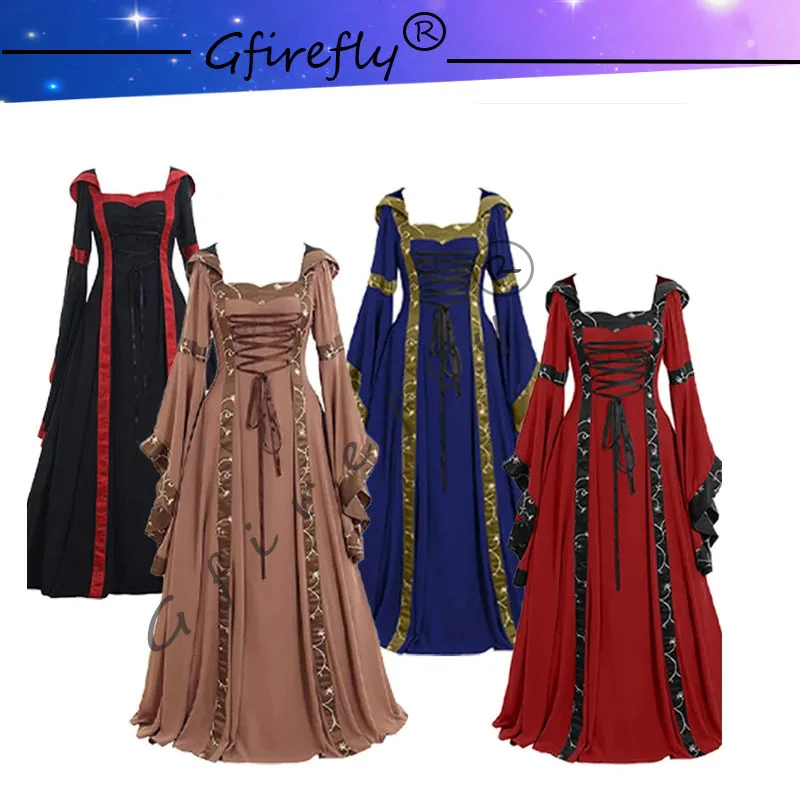 

Medieval retro court style hooded dress square collar flared sleeves skirt halloween costumes for women Princess dress uniform