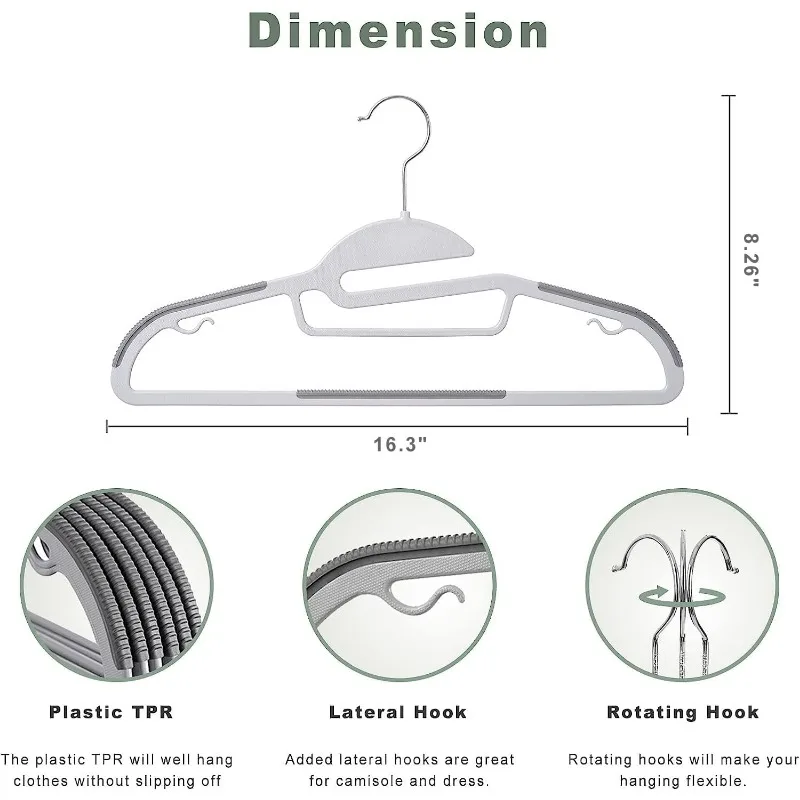 Cabides de plástico resistentes, pacote com 50 com design antiderrapante, 0,2 polegadas de espessura, 360 ° Organizador de economia de espaço com gancho giratório para quarto