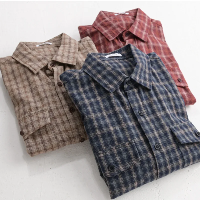 Spring Autumn Men's Long Sleeve Shirt with Chest Pockets Business Casual Pure Cotton Checkered Versatile button down Base Shirt