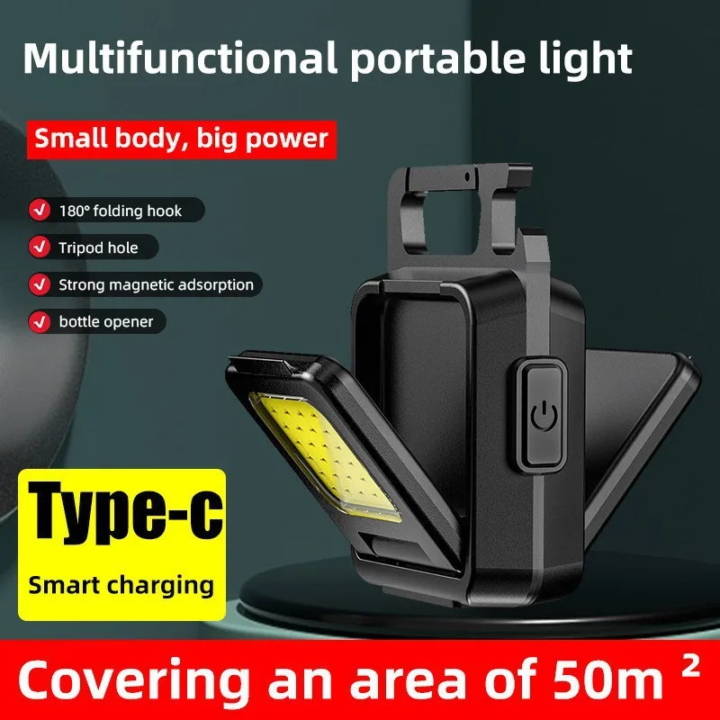 Portable COB Triple Head Keychain Light Rechargeable 6 Mode Camping Light Magnetic Work Lamp Outdoor Emergency Red Warning Light