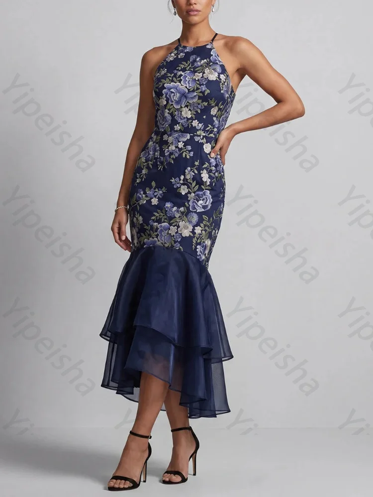 Customized Navy Halter Mermaid Sleeveless Mother of The Bride Dresses Sexy Ruffles Evening Dress High Quality Prom Party Gowns