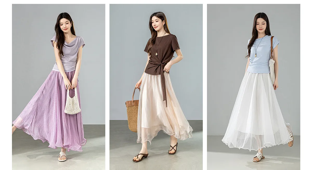 SENTUBILA Eleganter Hochgeschnittener Schimmernder Chiffon A-Linien-Rock 2026 Sommer Weißer Netzrock mit Elastischem Bund Damen-Unterteil W62QG7415 – Detail 8