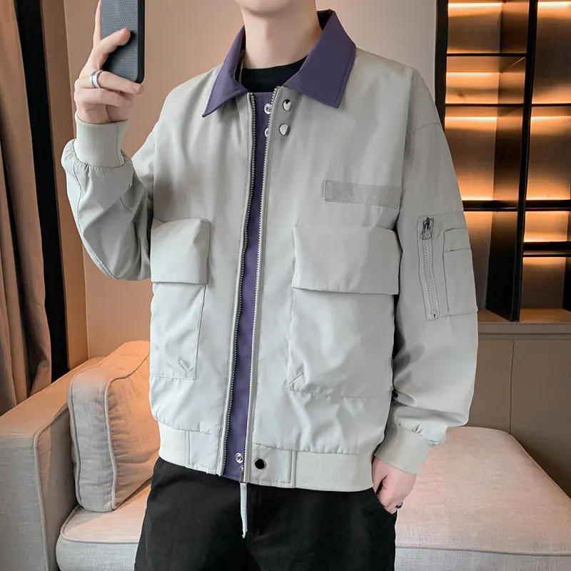 

Casual Loose Men's Jaet Spring Autumn Faionable Versatile Zipper Collar Contrast Color Outerwear Long Sve Polyester Fiber