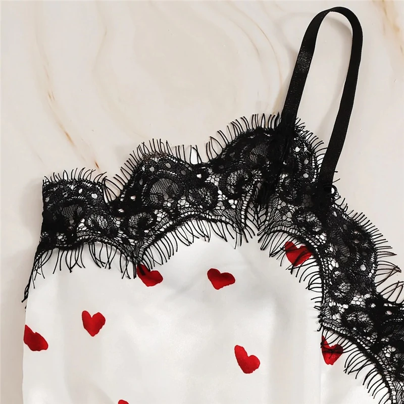 Lace Satin Cami Print Heart Shorts Women Pijamas Sexy Sleepwear Set Eyelash 2023 Spring Summer Ladies Short Nightwear 2 PCS