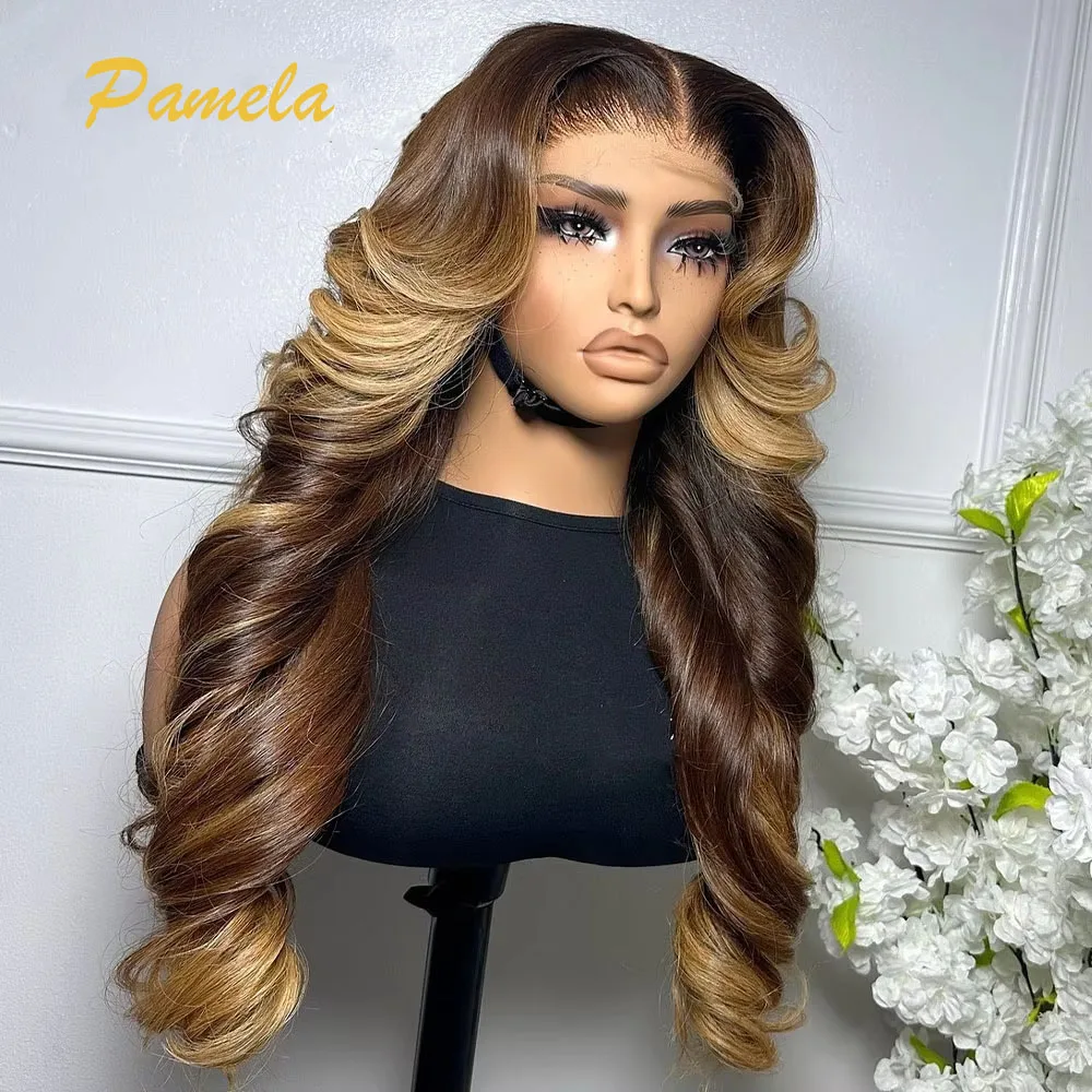 

Honey Blonde 9x6 Transparent Lace Closure Glueless Wig Human Hair Ready To Go Body Wave 250% Density Ombre 4/27 Colored Wig