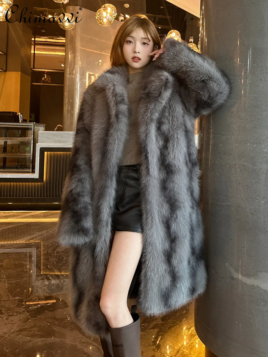 

Fashion Fox Fur Coat for Women Extra Long 2025 Winter Clothes New Long Sleeve Warm Loose Elegant Women's Faux Fur Coat