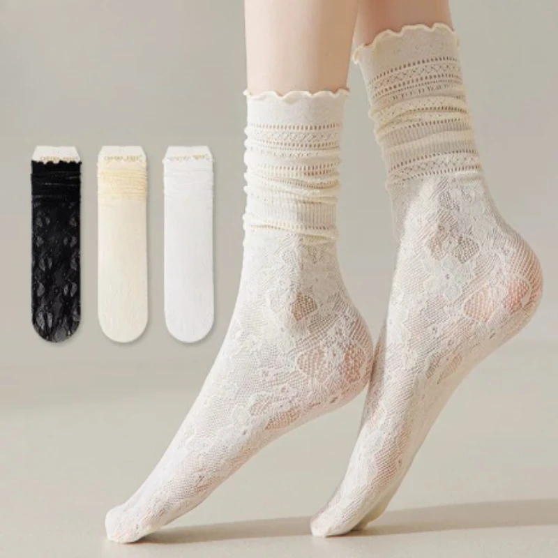 3 Paar Damen Spitze Netz Strümpfe, durchsichtige, atmungsaktive und informelle Retro-Tube-Strümpfe.