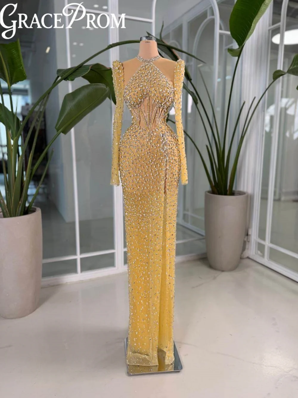 

Glamorous Luxury Evening Dress Dazzling Crystal Long Sleeve Wedding Party Gowns New Customized Sexy High Slit Banquet Gowns