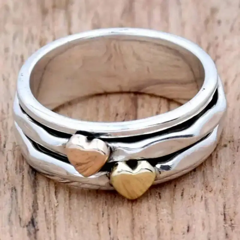 Vintage handgeschnitzter Herz-Damenring aus dreifarbigem Metall mit geometrischem Design für den täglichen Gebrauch, Partyschmuck, Jubiläumsgeschenk