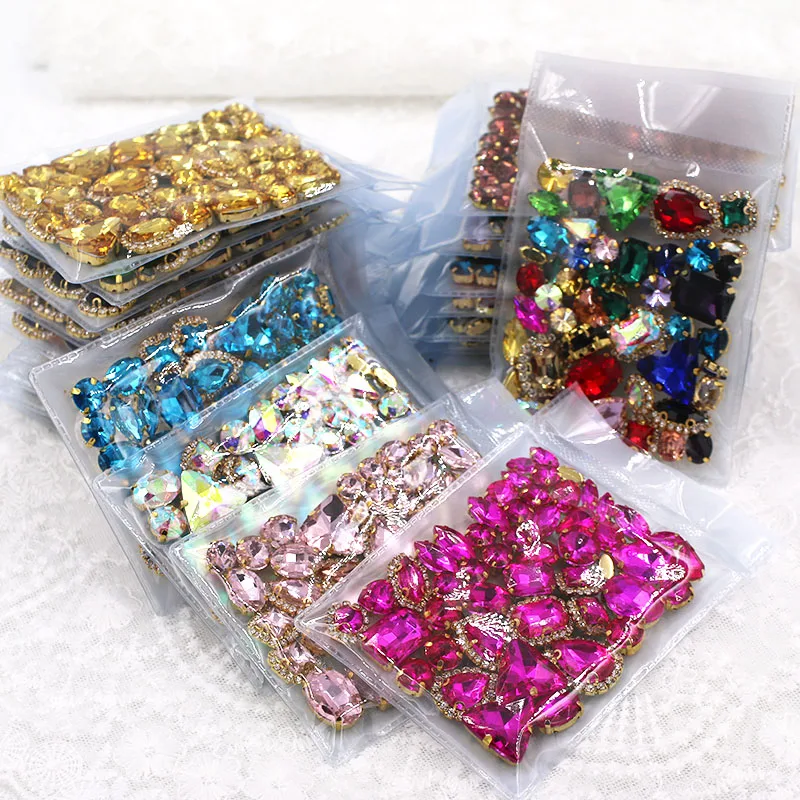 New Arrival Mix Size Mix Shape Cup Chain Rim Crystal Stones Gold Claw Setting Glass Rhinestone Sewing Clothing Accessories