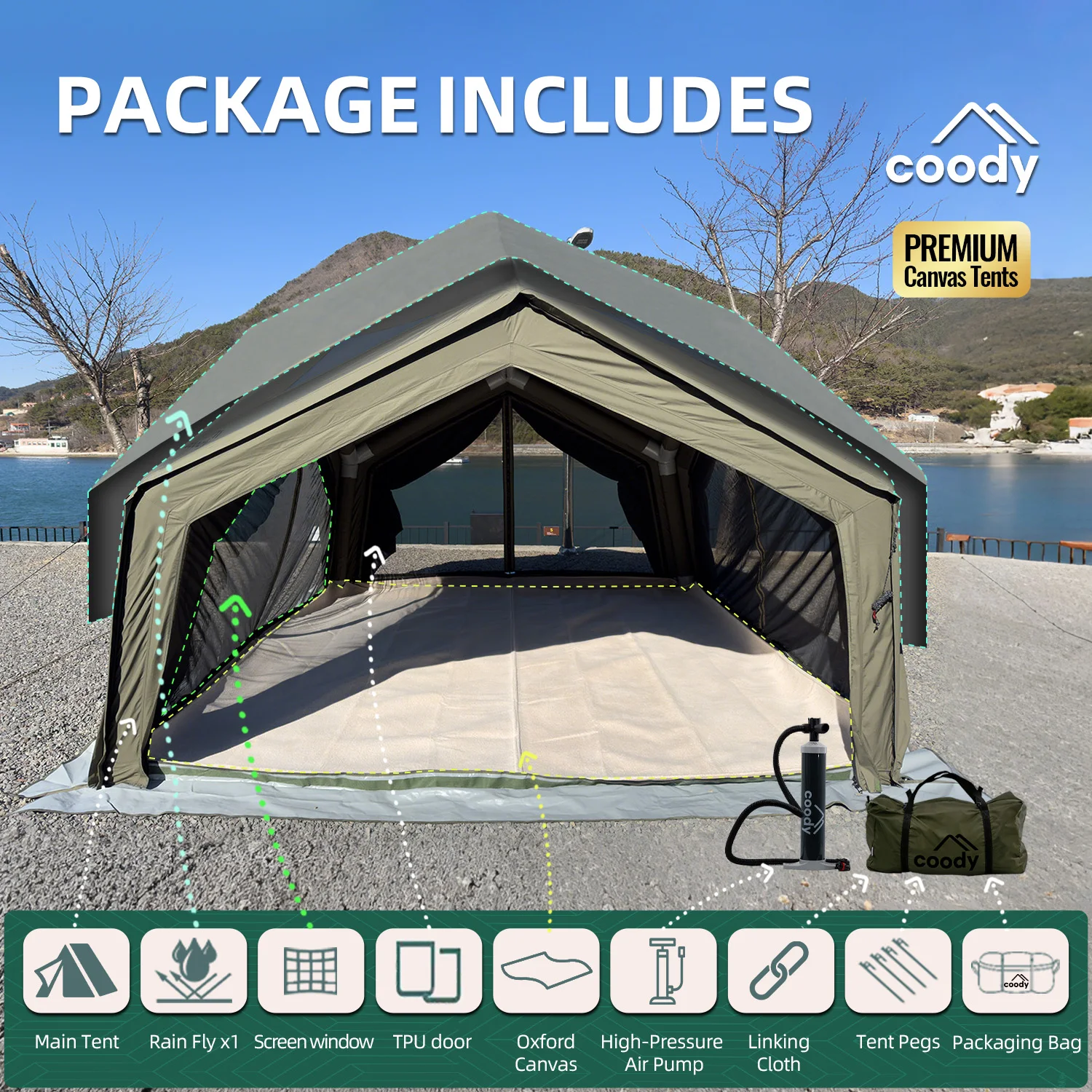 

Hub Station Air Tent-Army Green 3-5 Person Four Season Luxury Outdoor Camping Canvas Tent Unique Portable Inflatable Tent