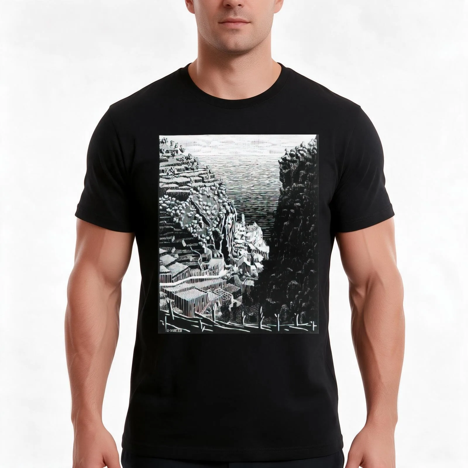 Atrani, Coast of Amalfi - 1932 By MC Escher T-Shirt, Summer Casual Cotton Tee, Oversized Streetwear Tops, Vintage Graphic Print