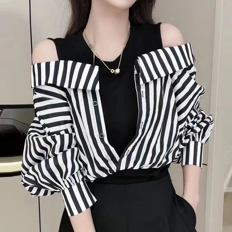 Women Sexy Off Shoulder Striped Print Patchwork Shirts Korean Fashion Fake Two Pieces Chic Blouse Casual Simple Long Sleeve Tops