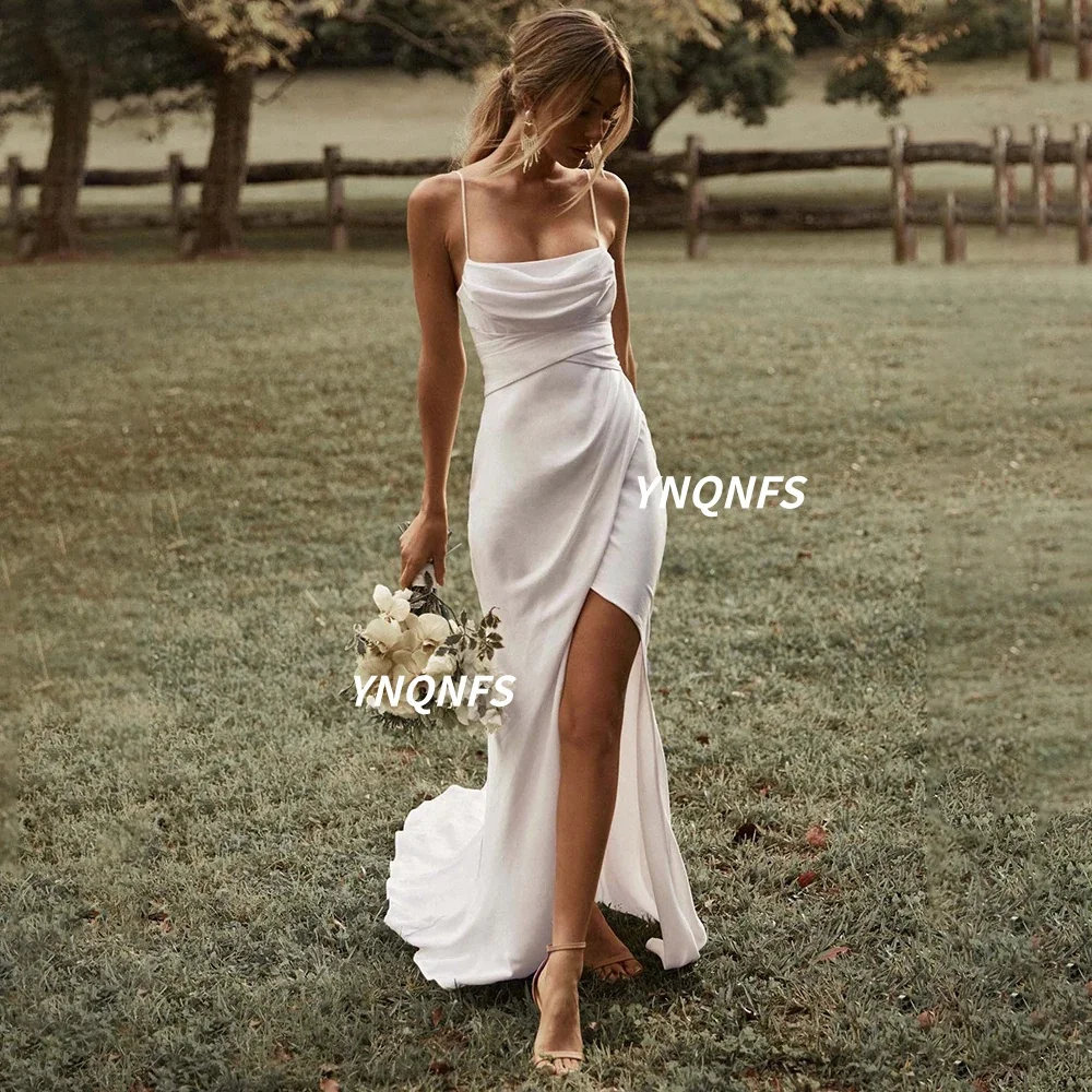

fashion Mermaid White Wedding Dress Spaghetti Straps High Slit Satin Backless Plain Bridal Gown Sweep Train Vestidos evening dre