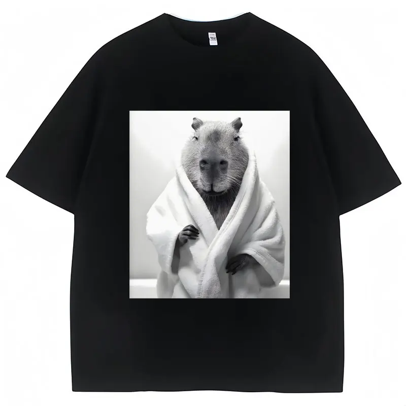 Funny Capybara in Bathrobe Print T Shirts Creativity Popular Summer Short Sleeve Cotton Oversized Casual Tees Unisex Streetwear