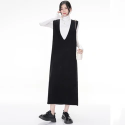 New Women Autumn Deep V-Neck Sweater Vest Dress Fashion Simplicity Black Sleeveless Long Knitted Dress Casual Loose Tank Dress