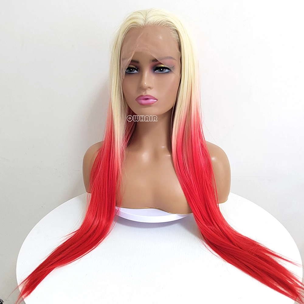 

QW Straight Hair Synthetic Lace Front Wigs for Women Ombre Blonde to Red Lace Frontal Wigs Cosplay Glueless Heat Resistant Fiber