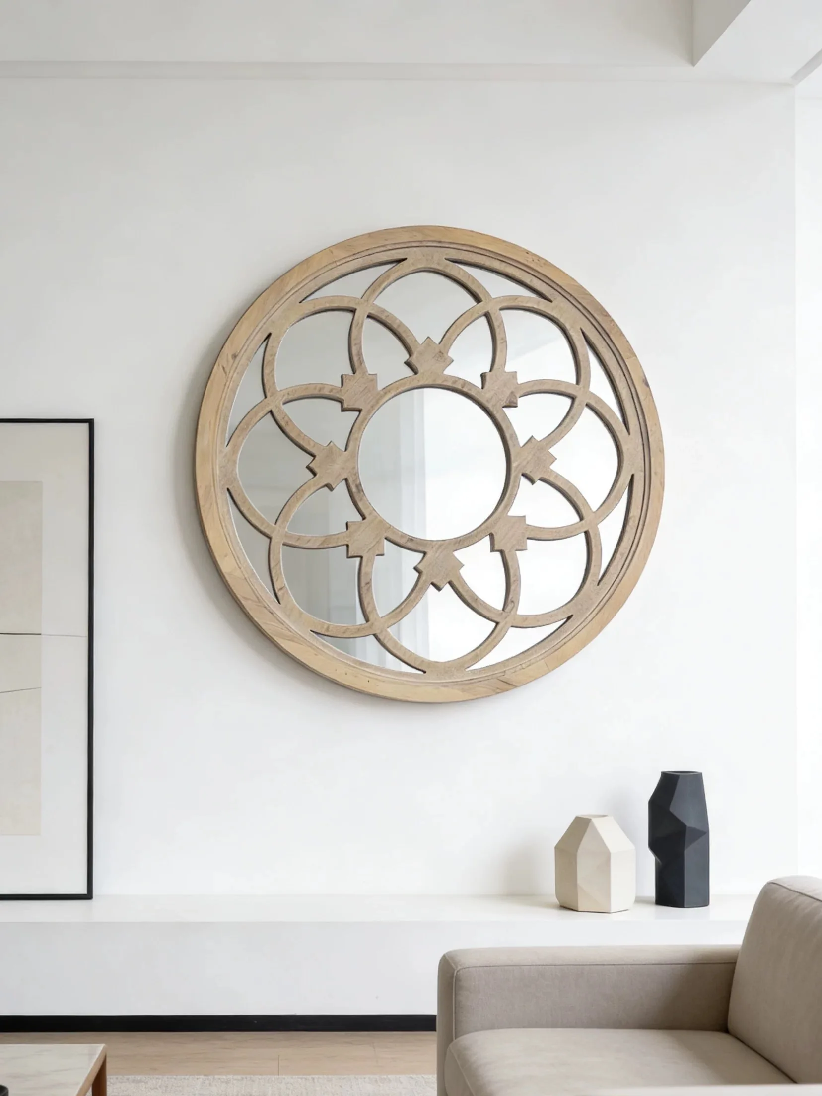 

Round Wall Mirror with Decorative Carved Wood Frame, Natural Wood Finish, 30 Inch Diameter, Vintage Floral Design