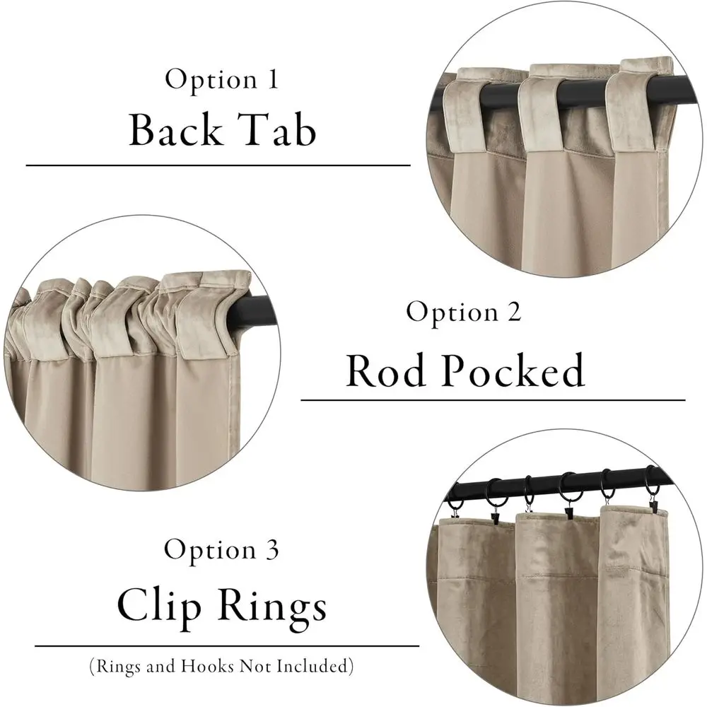 ผ้าม่านกำมะหยี่สีเทาอมน้ำตาลขนาด 108 นิ้ว, ผ้าม่านกันแสงแบบ 2 ชิ้นสำหรับห้องนอนและห้องนั่งเล่น, ผ้าม่านกันความร้อนแบบนุ่ม