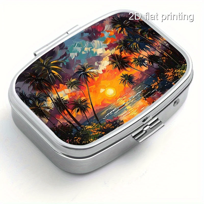 Creative Sunset Landscape Pattern Printed Square Small Box, 2-Compartment Metal Box, Portable Small Box with Compartments, Portable Small Box for Wallets or Money, Decorative Metal Small Vitamin Storage Box, Suitable for Wallets, Travel, Unique Gifts
