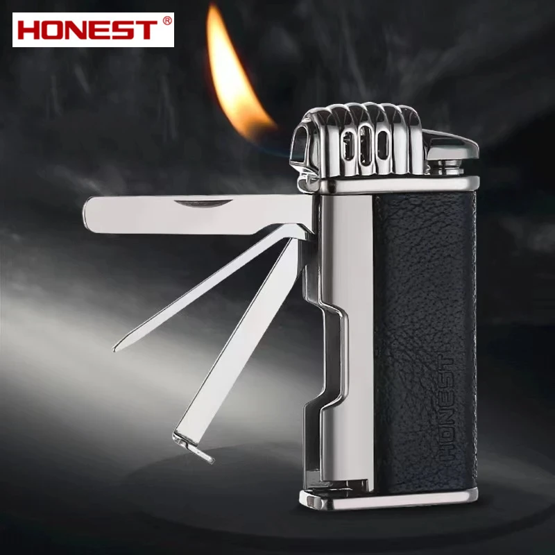 Retro Four in One Multifunctional Lighter Butane Gas Soft Flame Lighter with Smoke Pipe Tools Smoking Accessories Men\'s Gift