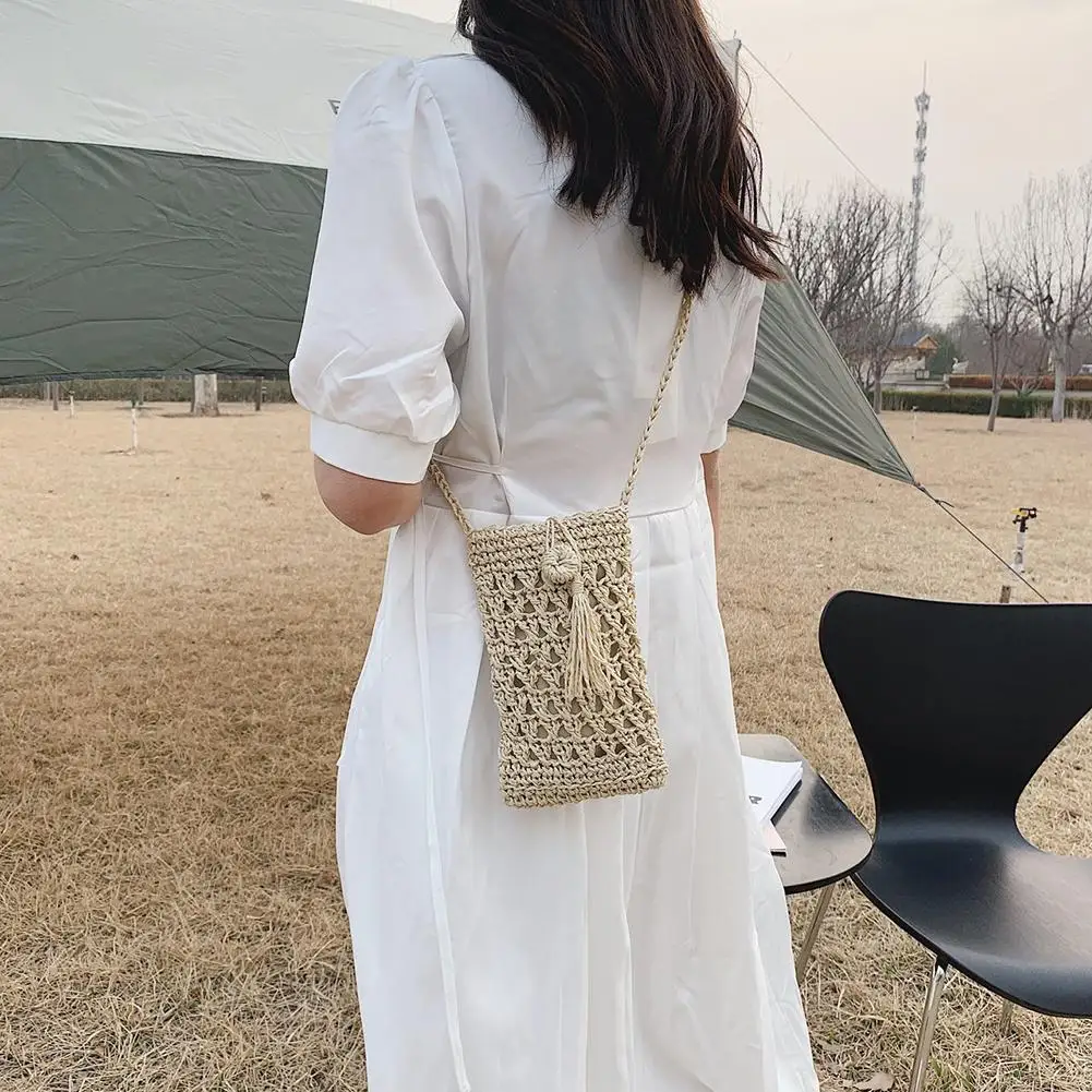 أنثى خمر حقيبة الهاتف Crossbody القش حبل المنسوجة يدويا عطلة محفظة صغيرة المرأة عادية الهاتف المحمول الحقيبة الشارع الشهير