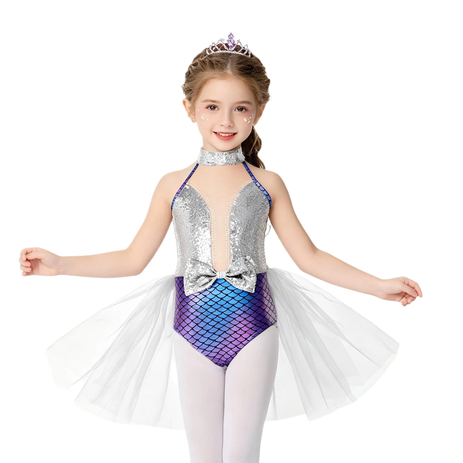 

Kids Girls Figure Skating Dance Bowknot Decoration Bodysuit Jumpsuit Tulle Skirt for Ballet Dance Stage Performance Competition