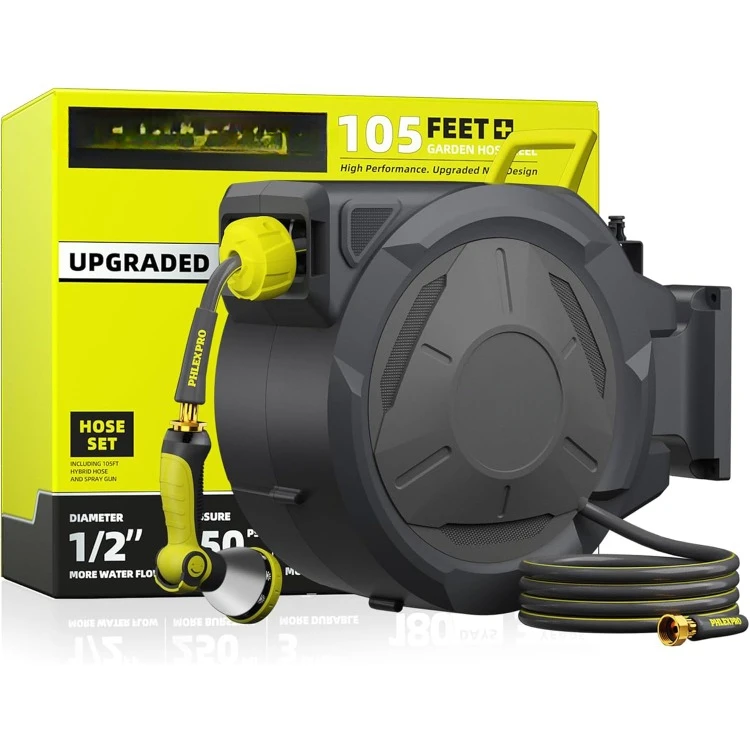

Retractable Garden Hose Reel 105FT, 1/2 inch Wall Mounted Hose Reel with Full Brass Fittings, 10 Patterns Spray Nozzle, Any Leng