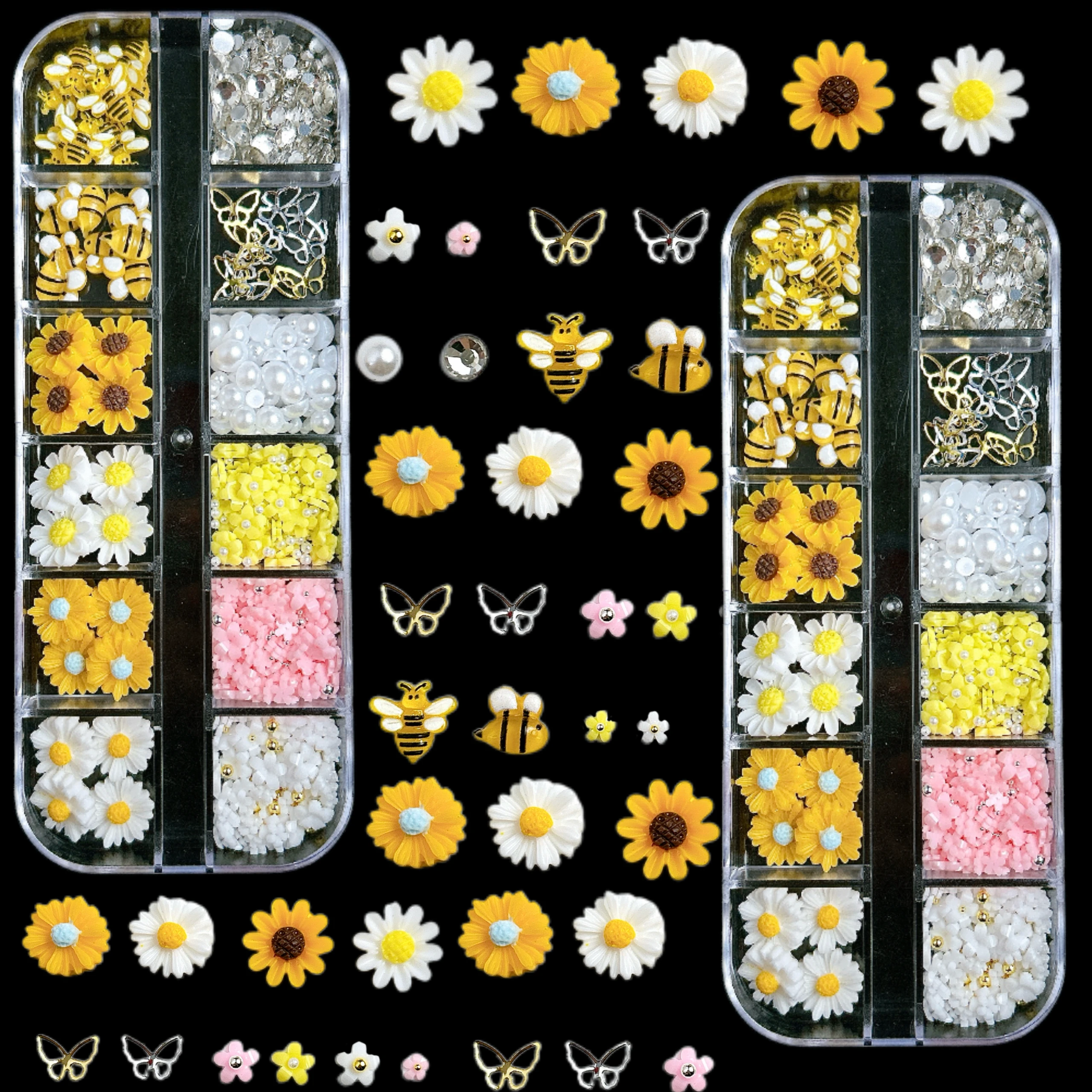 1 caja de dibujos animados 3D, bonita abeja, libélula, Margarita dulce, decoraciones artísticas para uñas de resina, lazo colorido, corazón, estrella de mar, encaje, dijes para uñas DIY