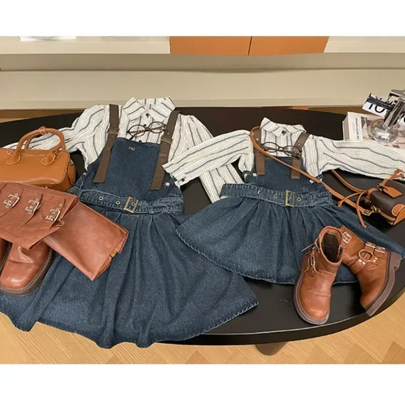 2024 mãe e bebê meninas blusa de manga longa de algodão + vestidos jeans sem mangas vestido feminino mãe filha combinando roupas de moda