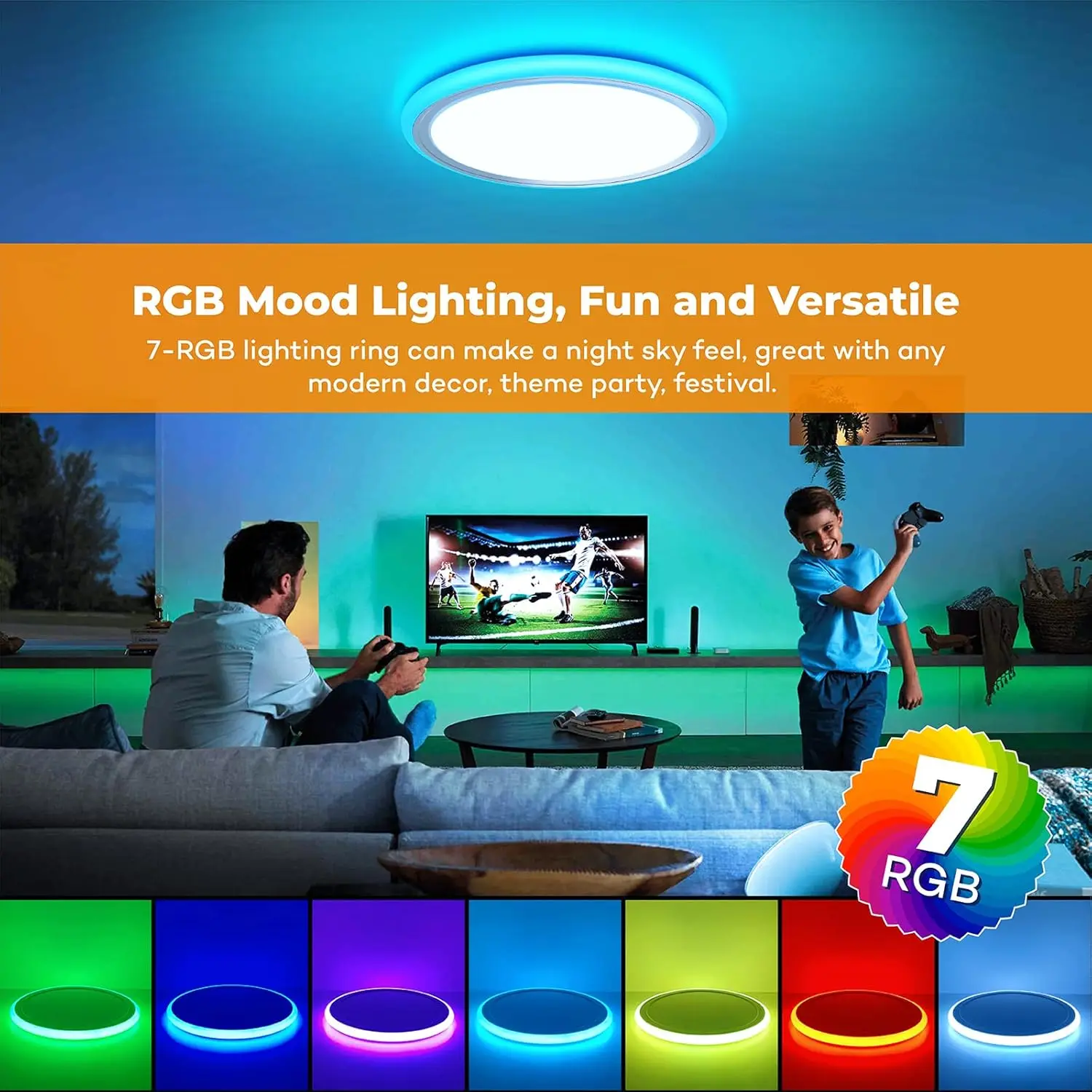 Blnan Rgb Led Flush Mount Ceiling Light With Remote Control, 13Inch 24W 2400Lm 3000-6500K Dimmable Color Changing Light