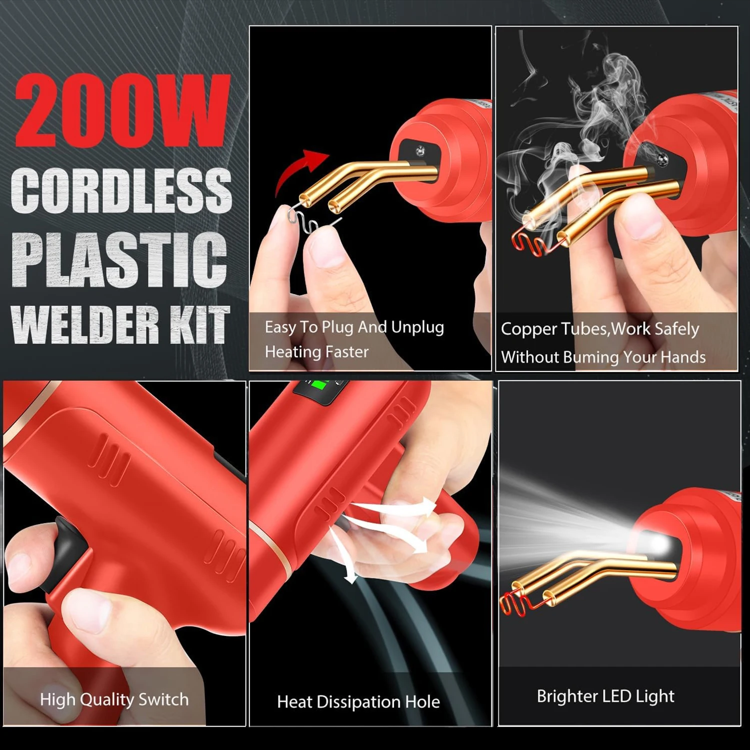 200W Cordless Plastic Welder Plastic Weld Kit with 4 Tpyes Hot Staples Plastic Welding Machine Tool 5.0Ah Rechargeable Battery