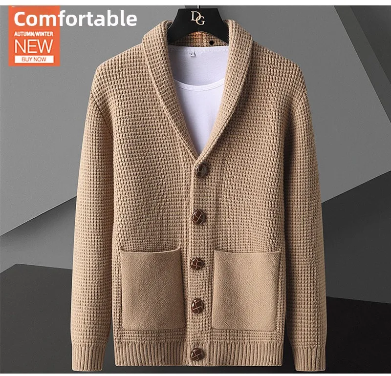 High-End Luxury Knit Jacket, New Style Long-Sleeved Sweater for Men, Korean Version with Collar and Fashionable Open Front.