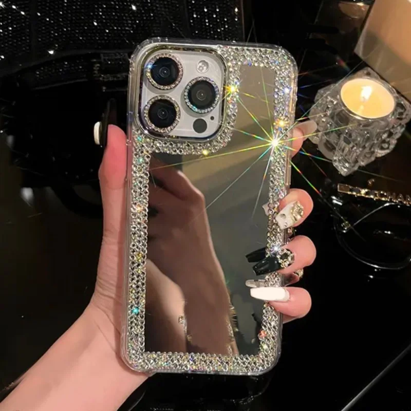 Luxury Glitter Diamond Make-Up Mirror Love Heart Chain Phone Case For iPhone 16 15 14 Plus 13 12 11 Pro Max Protect Back Cover