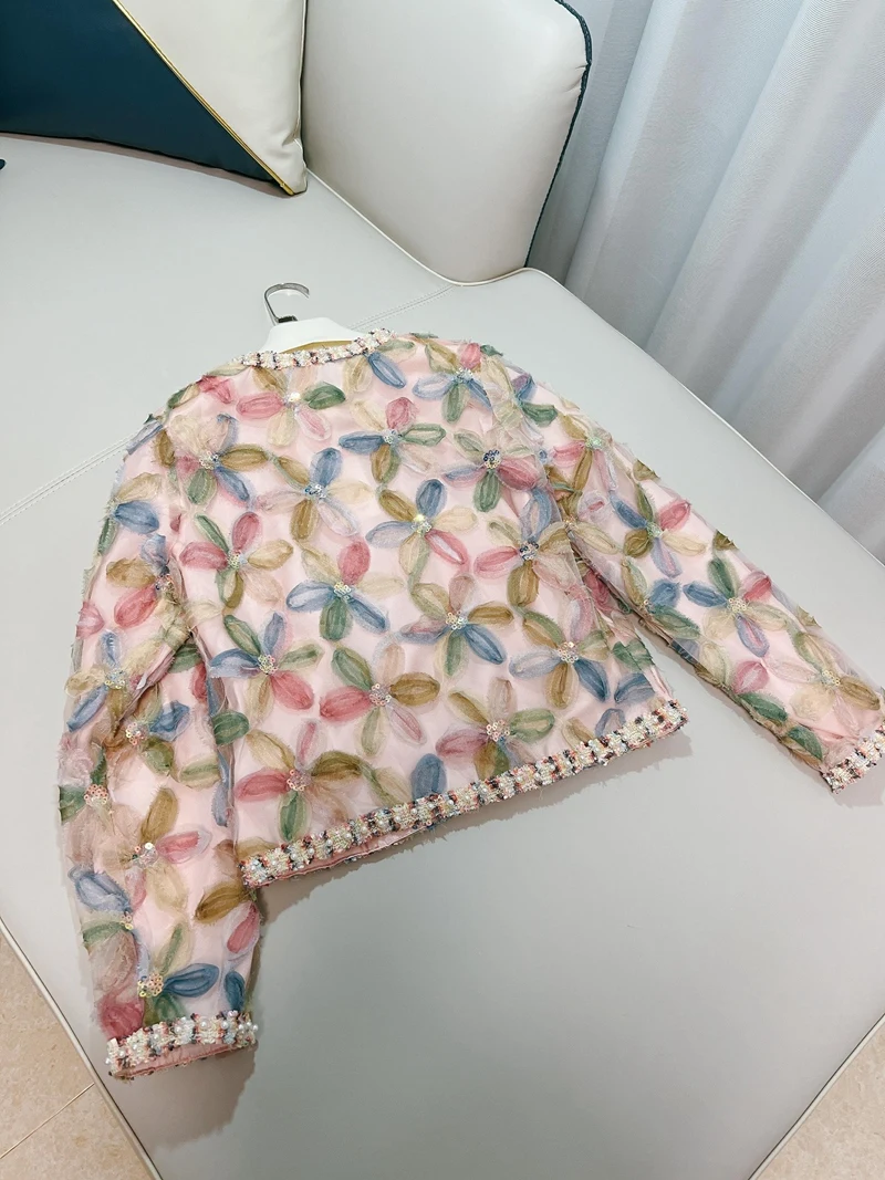 lingzhiwusis Short Top Handmade Beading Chinese Style Three-Dimensional Floral Pink Luxury Coat Female New Arrive